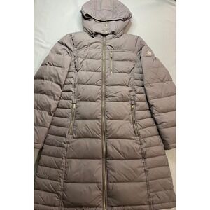 Michael Kors Womens Long Hooded Puffer Coat Taupe Mauve Gold Hardware Size S